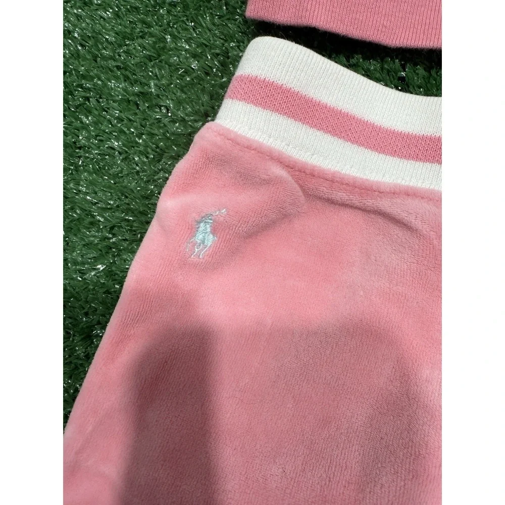 Ralph Lauren Baby Girl Track Suit 2 Piece 12m Pink Velour Hoodie Pants Pony Y2K